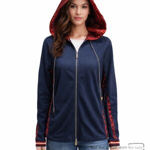 Airfield Navy Full-Zip Hoodie Red Metallic Lining Stud Detail – M